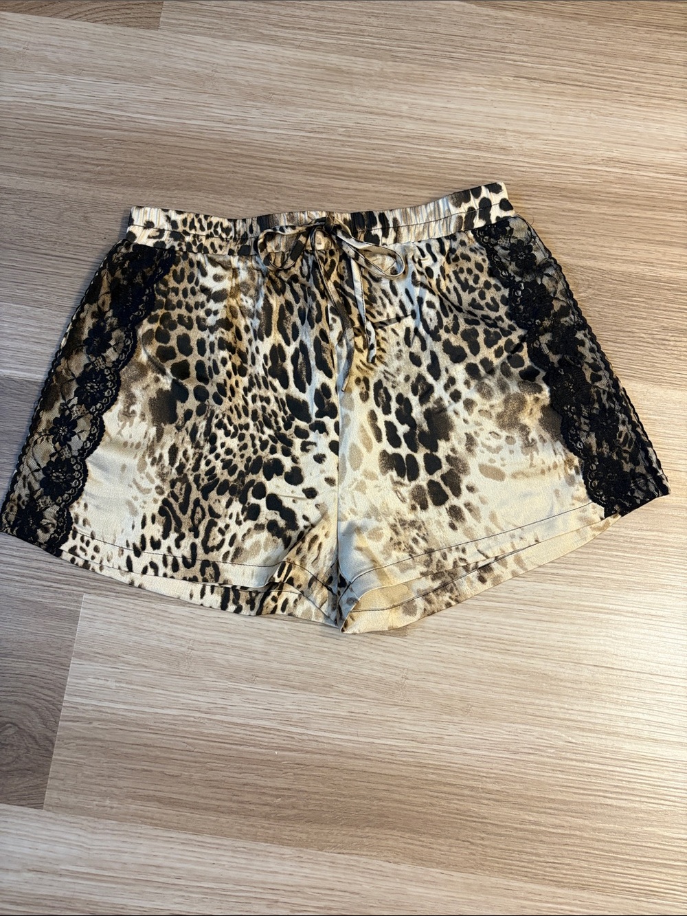 Leopard Print Satin-like Shorts with Black Lace Trim - Women Medium